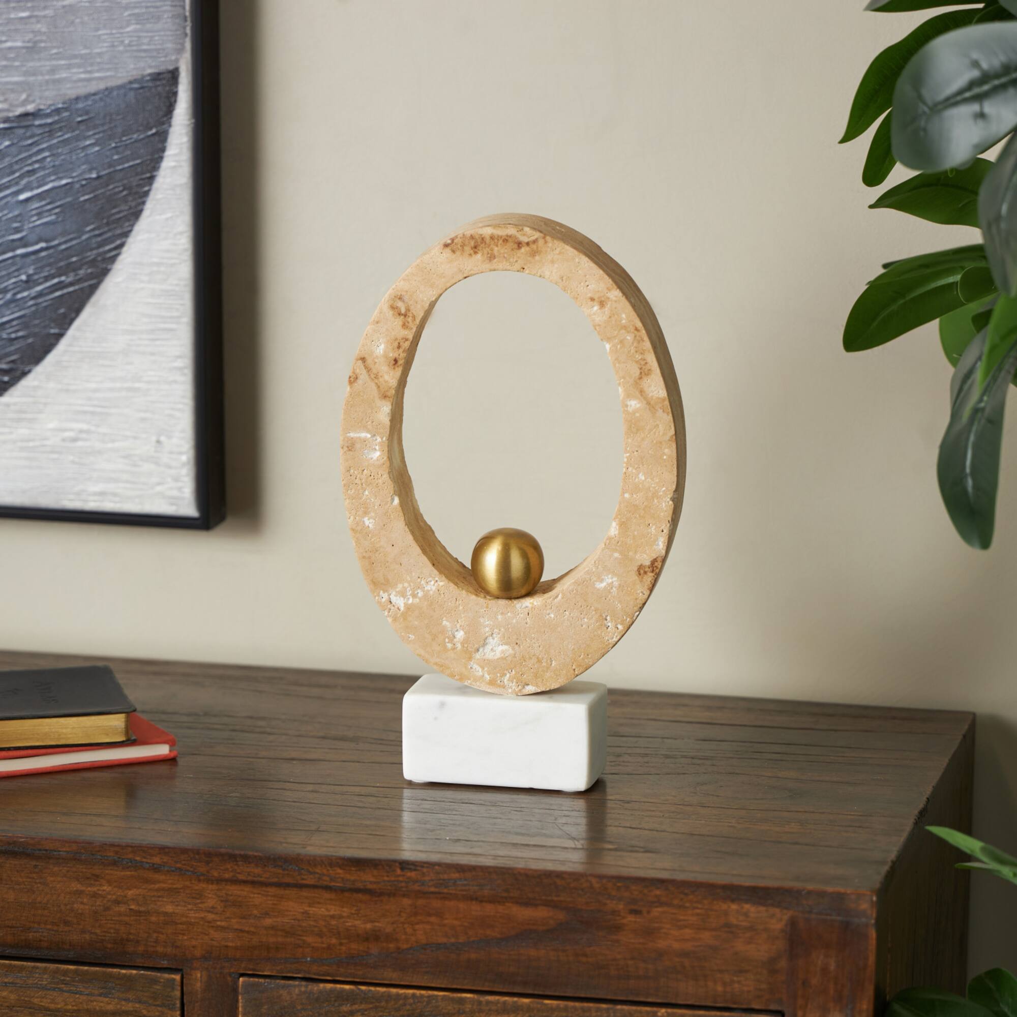 7" x 12" Cream Marble Abstract Oval Decorative Sculpture with Gold Ball and White Base